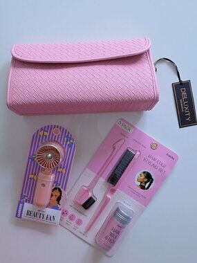 Pink Beauty Travel Bundle | Deluxe Cosmetic Bag + Mini Beauty Fan + Hair Edge